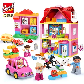 Голям Размер Розовия Град Момиче Принцеса Семейна Къща, Цветен Блок Съвместим Duploe Тухли Образователни Детски Играчки