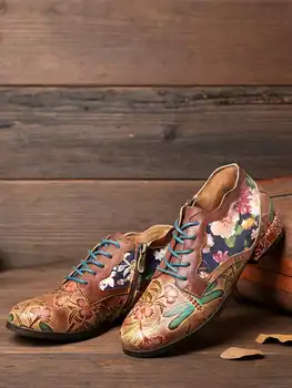 SOCOFY жени, здрави обувки от естествени цветове шаблон шевове волска кожа ретро кафяв удобни стягам обувки на нисък ток мокасини