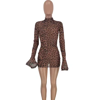 BKLD 2020 Summer Sexy Women Animal Print Dress Fashion Flare Long Sleeve Bodycon Mesh Чисто Dress Party Club Mini Dress Leopard