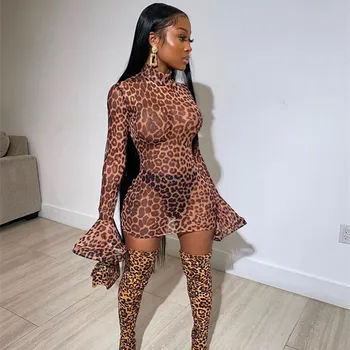 BKLD 2020 Summer Sexy Women Animal Print Dress Fashion Flare Long Sleeve Bodycon Mesh Чисто Dress Party Club Mini Dress Leopard