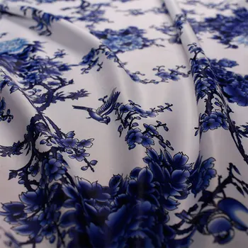 Лео и лин китайски стил бял син набивным плат облекло в национален стил, син божур птици кърпа 50 см