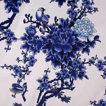 Лео и лин китайски стил бял син набивным плат облекло в национален стил, син божур птици кърпа 50 см