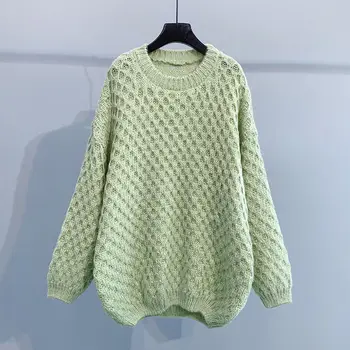 През цялата деколте с дълги ръкави вязаный пуловер жените свободен плътен цвят проста мода малко прясно пуловер със средна дължина, пуловер женски