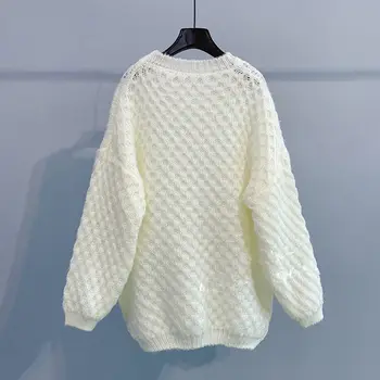 През цялата деколте с дълги ръкави вязаный пуловер жените свободен плътен цвят проста мода малко прясно пуловер със средна дължина, пуловер женски