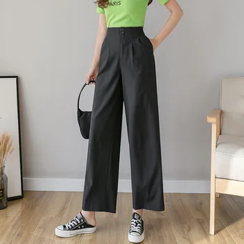 Висока талия шифон с широки панталони Женски 2020 лято нова корейска версия на тънък дамски панталони твърди черни широки панталони Панталони жените