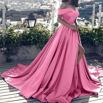 Гореща разпродажба 2020 розови вечерни рокли, Секси V образно деколте с рамо сатен линия елегантен дълъг бала вечерна рокля Vestido de Феста Curto