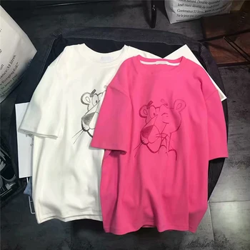 Летни нови жени с къс ръкав тениска с карикатура леопардовый принт O образно деколте чай голям е размерът на жените дълга долна риза Losse Harajuku Top