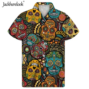 Jackherelook мъжете кубинска риза реколта захар черепа марката дизайн Guayabera Camisa Hombre за мъжки дрехи с къс ръкав, ризи топ