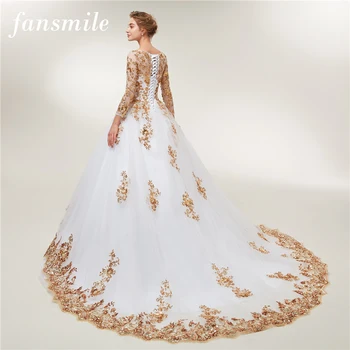 Fansmile с дълъг ръкав златна дантела Vestido De Noiva сватбени рокли 2020 влак на поръчката плюс размер сватбени рокли FSM-404T
