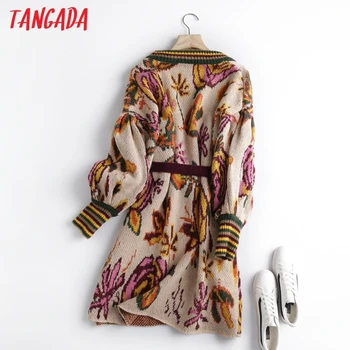 Tangada жените цветя Pattern плета палто с отрязани дълги ръкави джоб 2020 дамски елегантен Есен Зима палто BC114