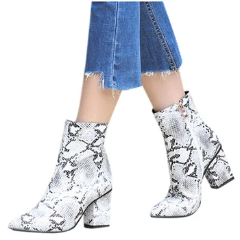SAGACE печат змия Пу жени ботильоны Zip остър нос обувки с дебели високи токчета за Дамски обувки жените 2020 змийска bootie