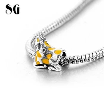 Sg New Animal Жираф Beads Fit Europe Charms Гривни Животно Жълт Емайл Disny Бижута 925 Сребро Бижута