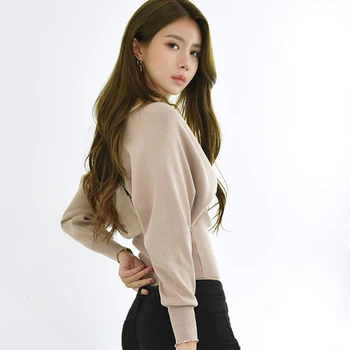 Корейски V-образно деколте възли пуловери пуловери жени 2020 есен с дълъг ръкав Секси върти отворени капаци твърди Модни дамски скок Femme