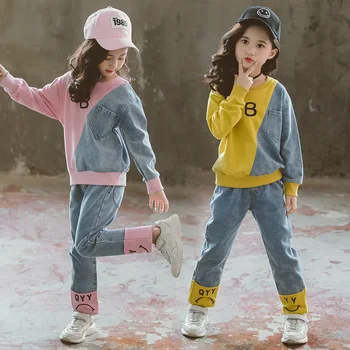 Детски дрехи дънкови комплекти за шиене спортен костюм + дънки 2 бр. Комплект за момичета от 2021 нови детски спортни костюми за момичета дрехи, 10, 12