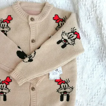 Есенни и зимни дрехи за момчета и момичета вязаное палто, жилетка карикатура Гуфи Мики пуловер с кръгло деколте детски пуловер, детски яке