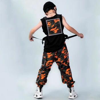Момчетата от хип-хоп, джаз костюм детски тенденция оранжево камуфляжный костюм жилетка блузи панталони уличен танц изпълнение на рейв облекло DNV13967