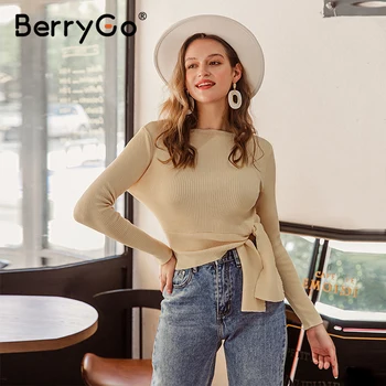 BerryGo Vintage тънък Долен каишка бял скок За жени-образно деколте еластични жилки пуловер casual есен зима топъл пуловер дами