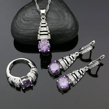 Сребро 925 лилаво бижута за жени кубичен цирконий Кристал капка обеци, колие с висулка, пръстен комплект бижута