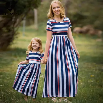 Chivry New Mother Daughter Dresses Short Sleeve Шарени Long Maxi Dress Mom and Daughter Dress Family Matching Outfits облекло