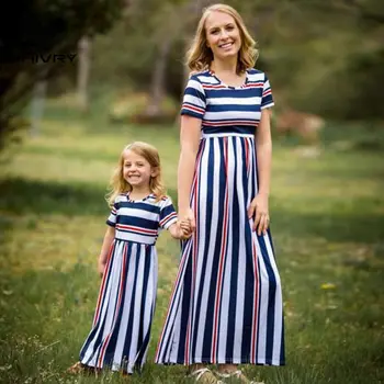 Chivry New Mother Daughter Dresses Short Sleeve Шарени Long Maxi Dress Mom and Daughter Dress Family Matching Outfits облекло
