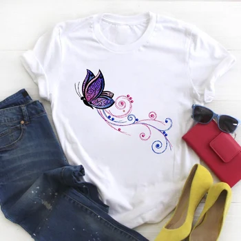 Жените пеперуда карикатура печат с къс ръкав мода лято T Tee дами Женска тениска Дамски горната риза облекло графичен тениска