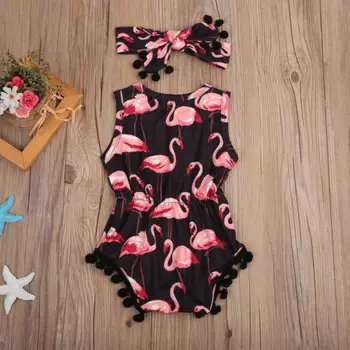 Новороденото комплект бебе момиченце лято ръкави памучни дрехи набор от четка фламинго печат гащеризон+лента за коса, 2 бр. ежедневни тоалети