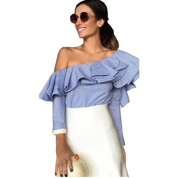 Накъдрен с рамо стилна блуза 2017 жени Модни два слоя накъдрен лято ежедневни риза нова