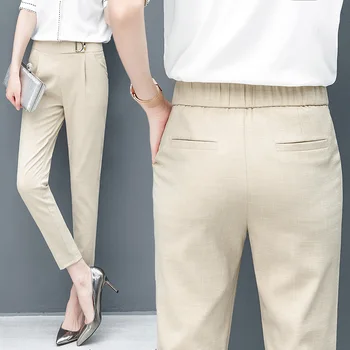 Дамски панталони лято новост 2019 ежедневните свободни зреещи женски девет точки тънък разрез с висока талия памучни и ленени панталони