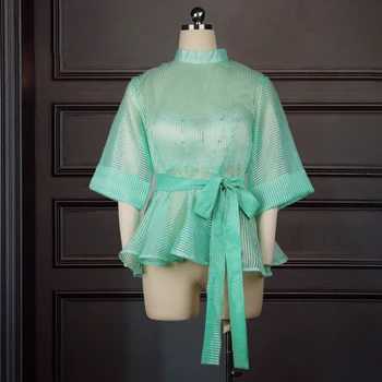 Зелени райета блузи жени накъдрен секси тънък прозрачен колан баските върховете риза плюс размера на новата мода на партидата дата на клубната облекло