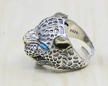 Пръстен леопард сребро 925 голямо, пръстен широката страна на мъжки ретро регулируема