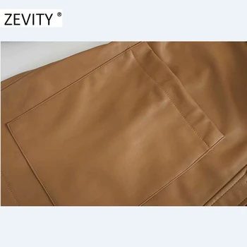 ZEVITY New women vintage solid ПУ leather sashes shirt coat female long sleeve pockets outwear casual chic яке върховете CT587