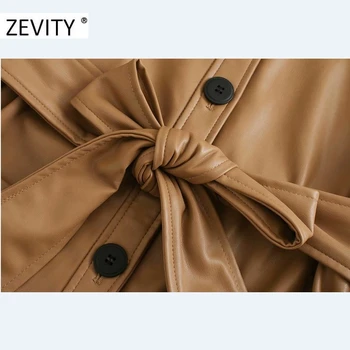 ZEVITY New women vintage solid ПУ leather sashes shirt coat female long sleeve pockets outwear casual chic яке върховете CT587