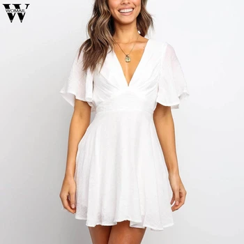 Womail Dress Women Summer new Girls White Boho Mini Dress модни дрехи V-образно деколте с къс ръкав рокли Sexy beach Party vestidos