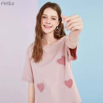 ARTKA 2020 лятото нов дамски тениска мода любовта дизайн За-образно деколте розови тениски свободни crop топ с къс ръкав тениски TA25408X