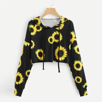 Дамски дълги ръкави, слънчоглед печат с качулка hoody блуза, потник Дамски пуловери есен и зима Sueter de las senoras #GM