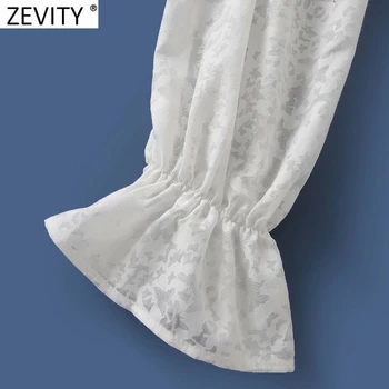 Zevity 2021 жени Агарик дантела квадратен яка подгъва еластичен къс халат блуза женски къдри ежедневни риза шик Blusas върховете LS7556