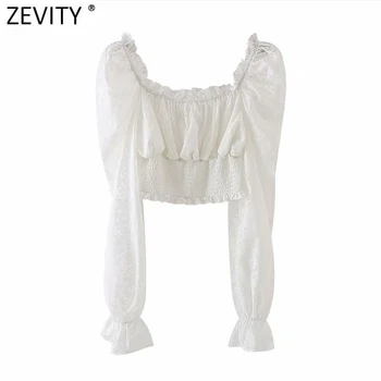 Zevity 2021 жени Агарик дантела квадратен яка подгъва еластичен къс халат блуза женски къдри ежедневни риза шик Blusas върховете LS7556