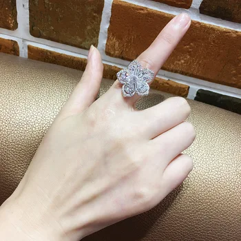Преувеличени твърди пръстени сребро 925 проба за жени темперамент голямо цвете Bling Циркон Сватба парти пръстен, фини бижута