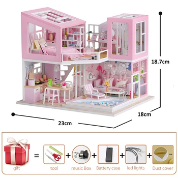 Направи си сам куклена къща комплект дървена Къща за Кукли мебели миниатюрни строителни комплекти розово Вила Куклен дом за възрастни с детски играчки коледен подарък
