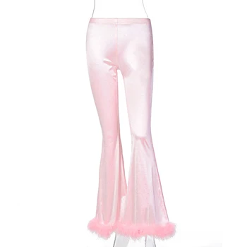 ALLNeon E-girl Sweet Hot Pink Slim High Waist Pants with Feather Vintage Autumn Rave Festival Flare Party Pant Y2K панталони 2020