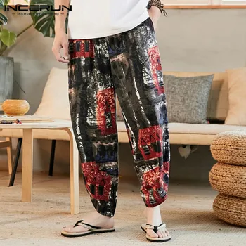 INCERUN етнически стил на мъжете зреещи печатни свободни еластичен колан реколта 2021 градинска облекло панталон памук пътеки ежедневни панталони