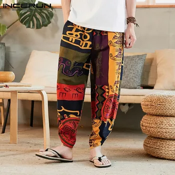 INCERUN етнически стил на мъжете зреещи печатни свободни еластичен колан реколта 2021 градинска облекло панталон памук пътеки ежедневни панталони