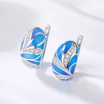 OGULEE обеци за жени 925 сребро луксозни искрящи сини емайл CZ листа модни обеци-карамфил изискани оригинални бижута