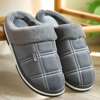 Мъжки зимни топли чехли и къси плюшени закрити обувки за мъже нескользящие удобни кадифе водоустойчива кожа домашни мъжки чехли
