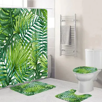 4шт зелени тропически растения листата килим баня душ завеса мека 3 бр мат комплект тоалетна капак на вана водоустойчив тоалетна делото мат
