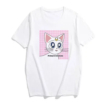 Harajuku Сладко Large Size S-2XL Summer Губим Casual Harajuku Sailor Moon Cat Cartoon Print Fun New Women О-образно деколте тениска