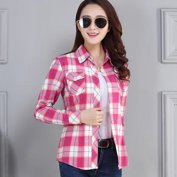 PEONFLY 2019 New Vintage Plaid Blouses Shirt Cage Female Long Sleeve Casual Slim Women Plus Size Shirt Office Lady Върховете Red