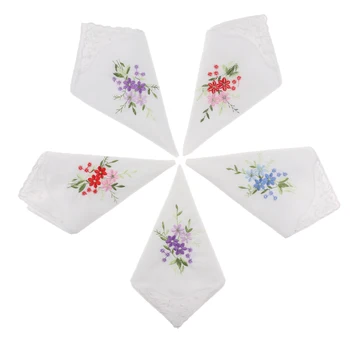 5 бр жени дами памучни носни кърпички цветни бродирани дантели пеперуда край