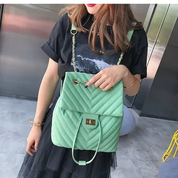 NIGEDU раница жени дизайн верига чанта изкуствена кожа каре училище раница раници мода пътуване зелена раница backpack black