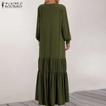 2021 Макси дълга рокля за жените ZANZEA дами пристрастие Vestidos ежедневни Puff ръкав Robe Femme есен твърди сарафан големи 5XL